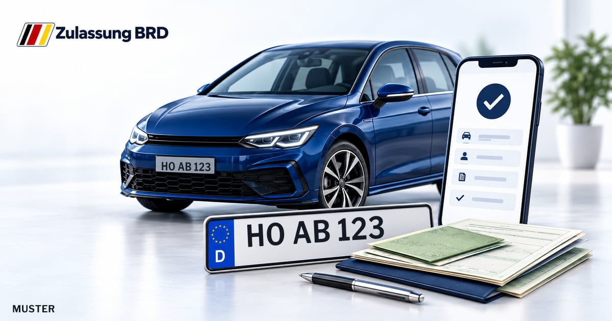 Online Fahrzeugzulassung in Landkreis Hof: Musterkennzeichen HO AB 123, Auto und Fahrzeugpapiere und Smartphone. Illustration mit Logo von Zulassung BRD.